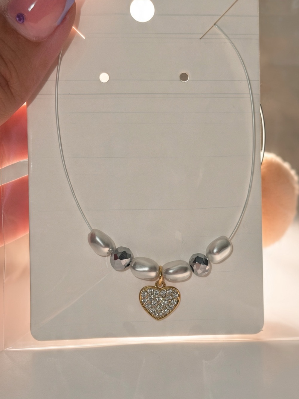 Gold Heart Pendant Necklace with Silver Beads
